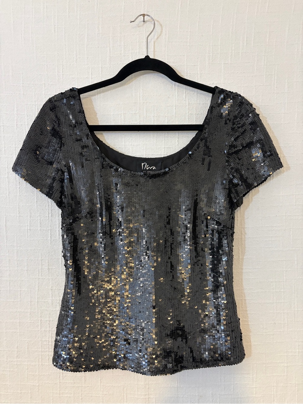 Nina Black Short-Sleeve Sequin Scoop Neck Top